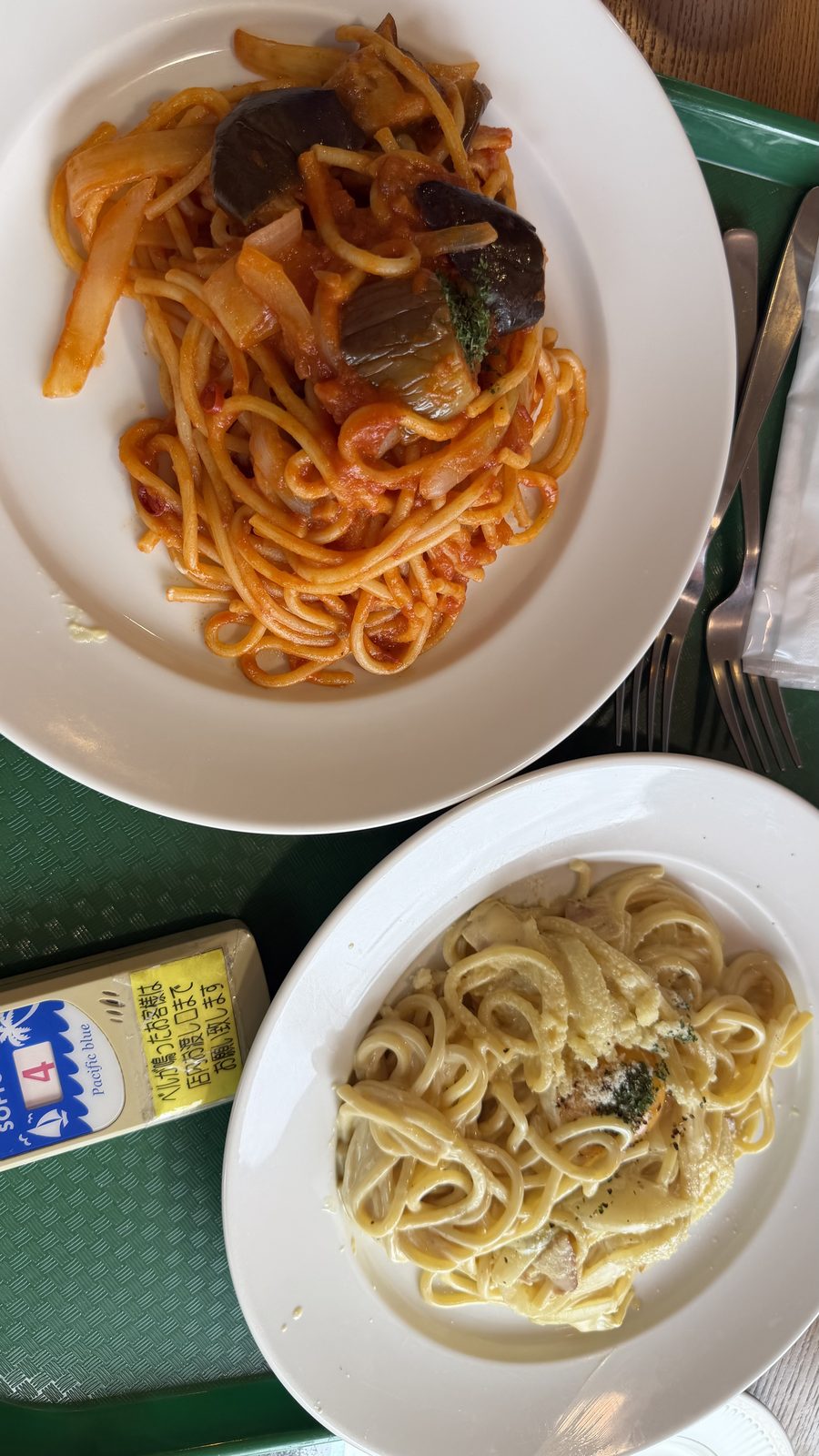 はままつフルーツパーク時之栖の恐竜ひろばと園内のピザ工房のパスタ